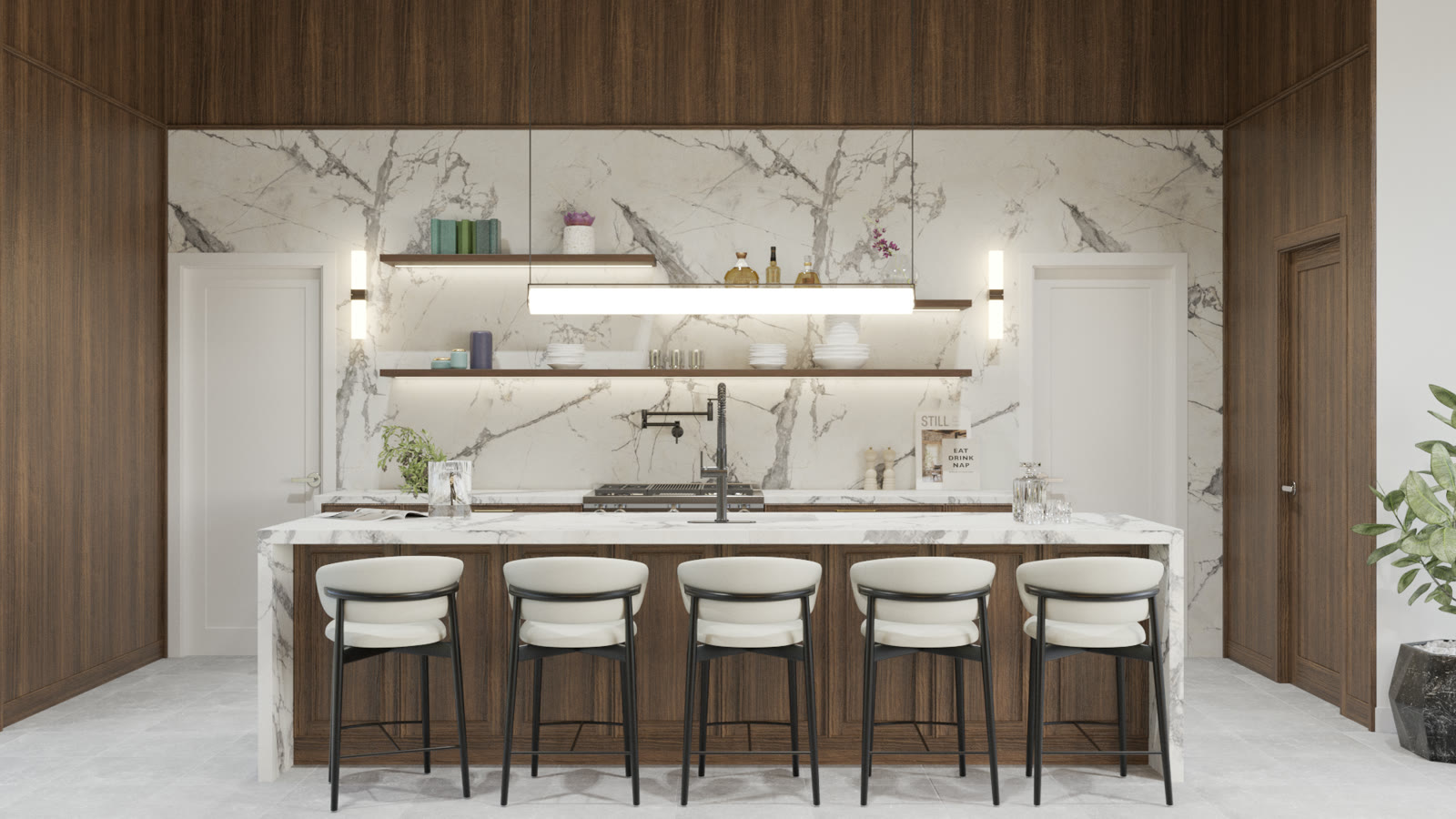 Lounge Home, a walnut and marble island seating eight under a coffered ceiling