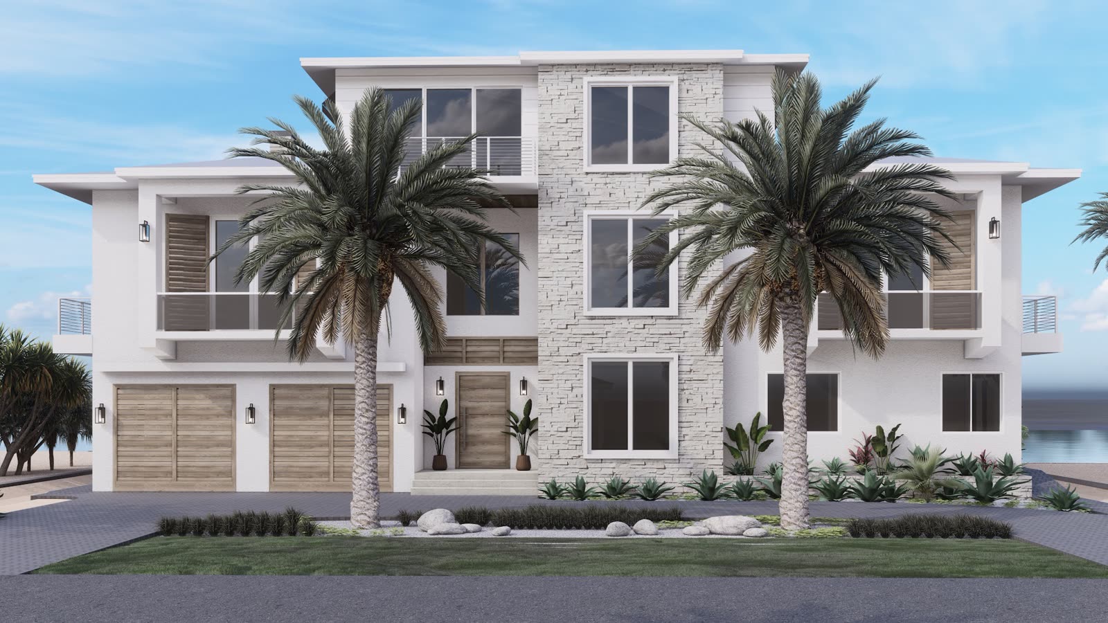 Waterfront Residence, a three story white house with a pale stone spine between two mature palms