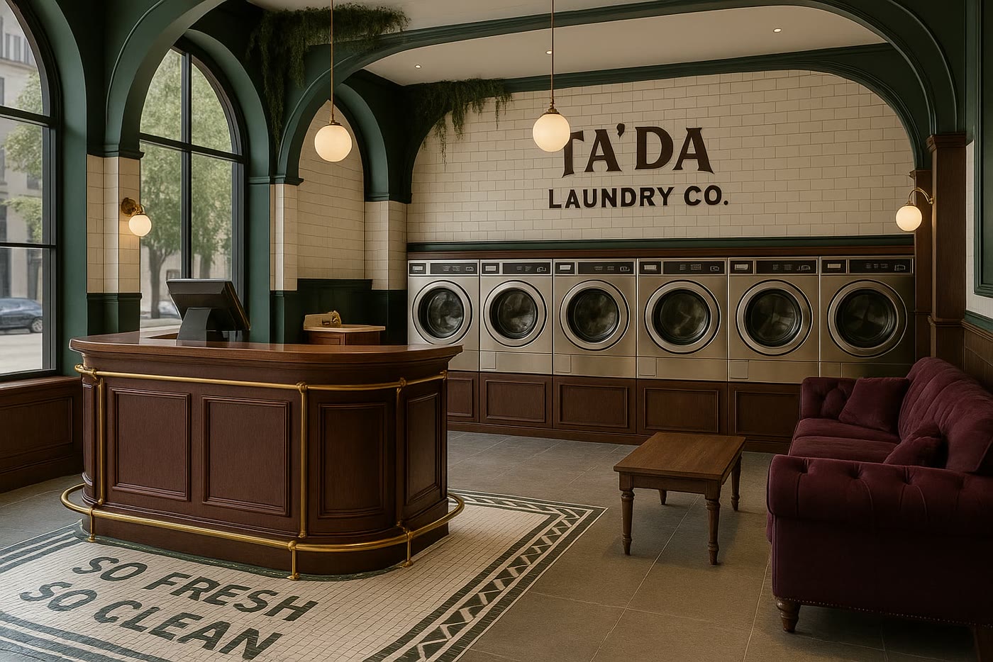 AI concept: a dark Victorian laundromat with green arches, a mahogany counter and a burgundy Chesterfield