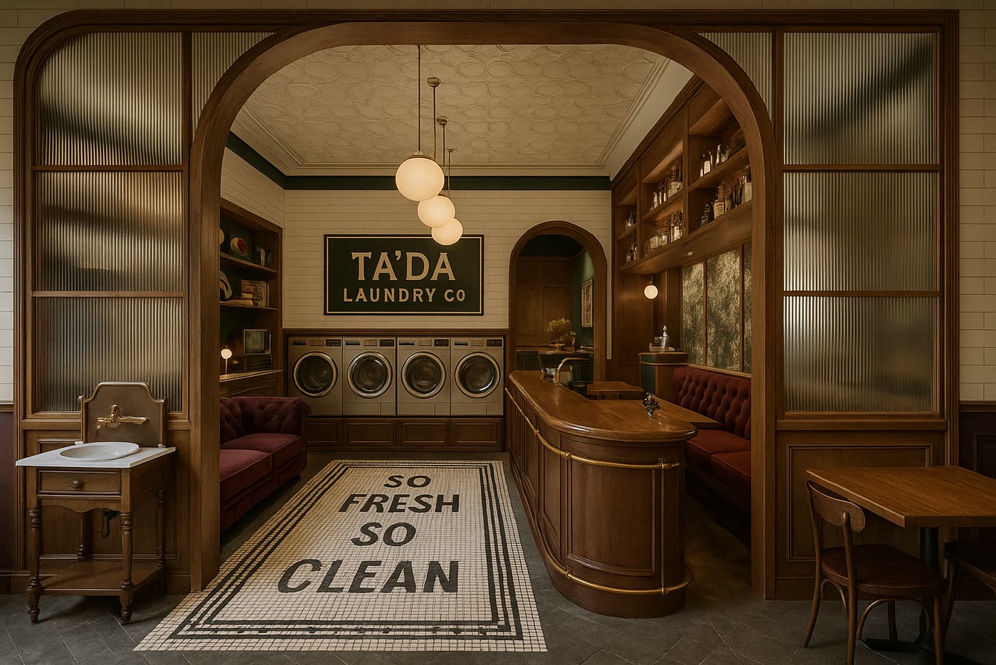 AI concept: mahogany arches and shelves around a row of washers, a So Fresh So Clean floor mat