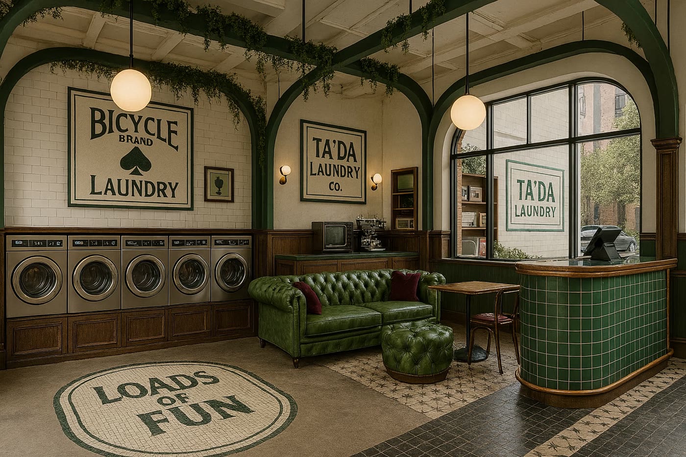 AI concept: green Chesterfield, green tile counter and a Loads of Fun floor mat
