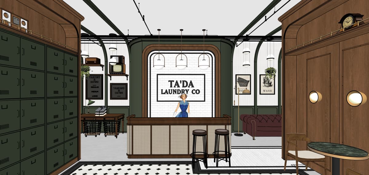 Draft model of the Victorian scheme: dark green and wood millwork, the Ta’Da sign on the back wall