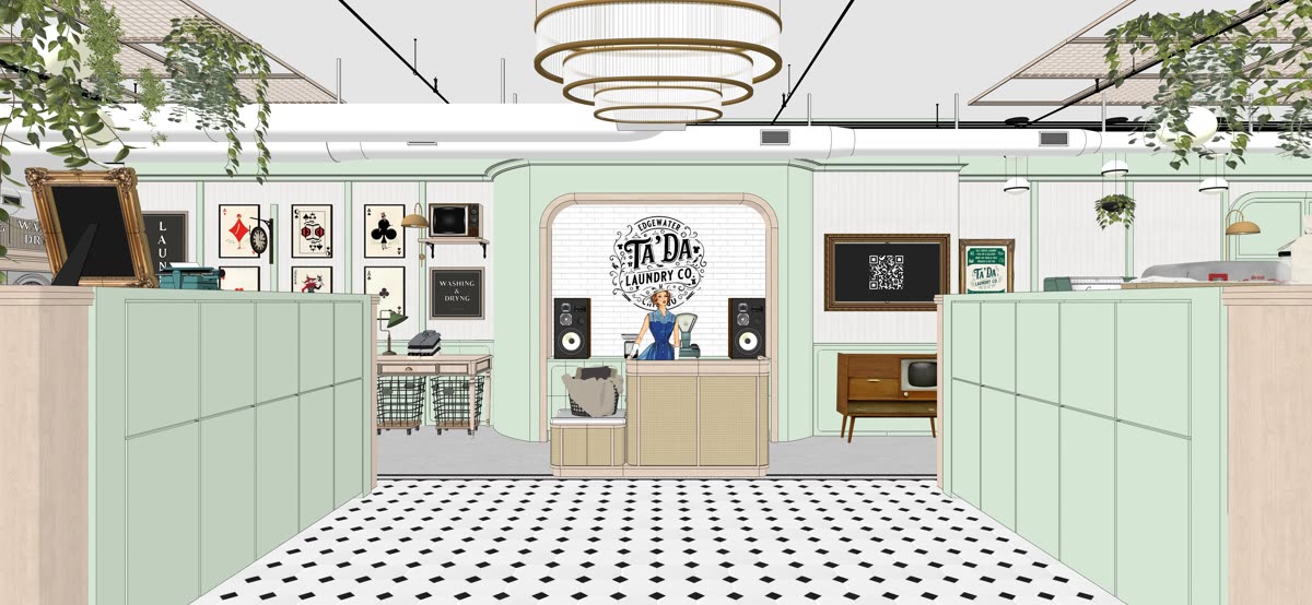 Draft model after the change: mint millwork, cream walls and a black and white mosaic floor