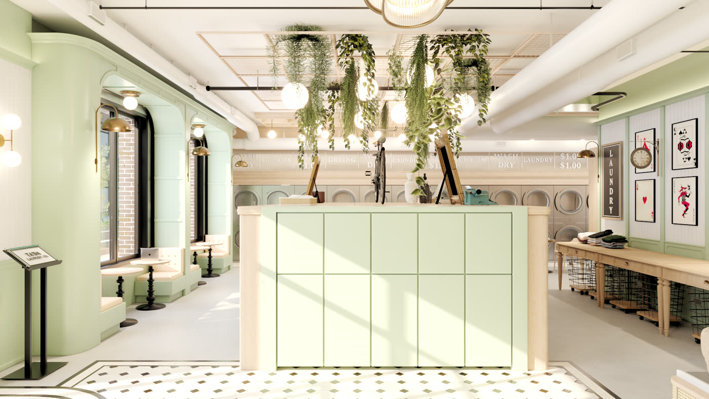 Final rendering: the mint counter, arched window, plants and a black and white mosaic floor