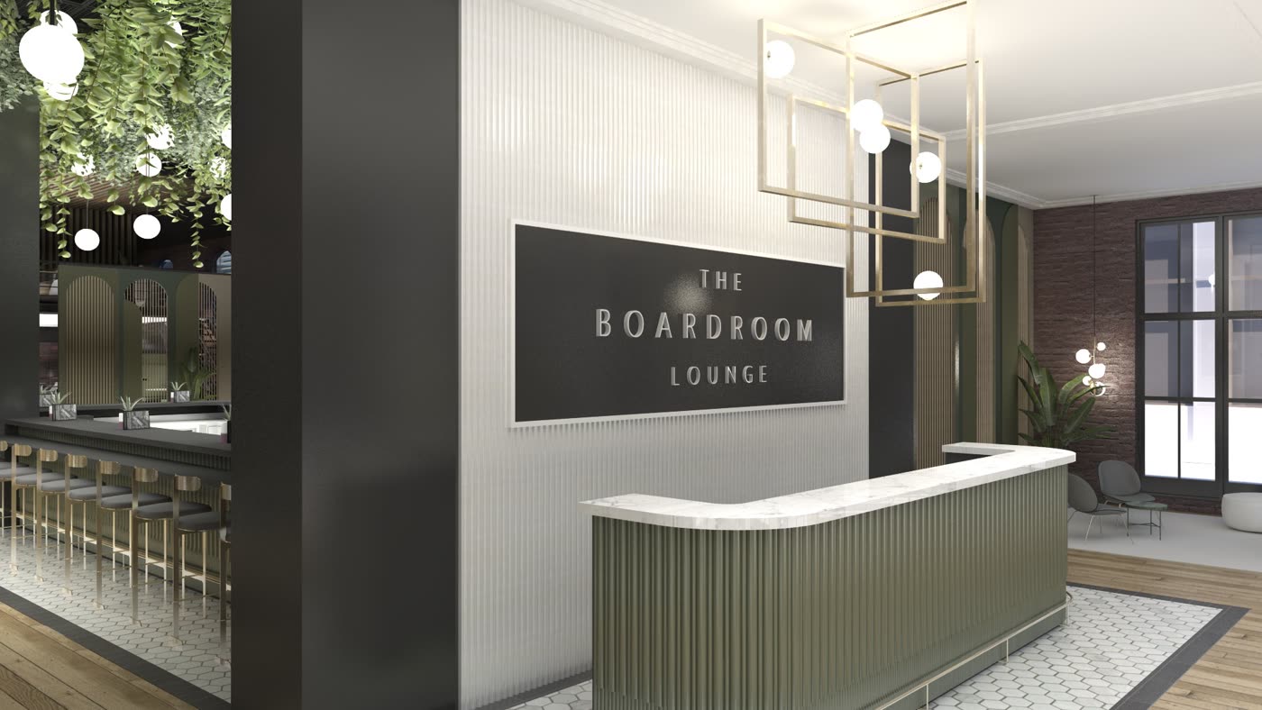 The Boardroom Lounge: a white reception desk with fluted olive panels, brass, greenery and a dark brick wall