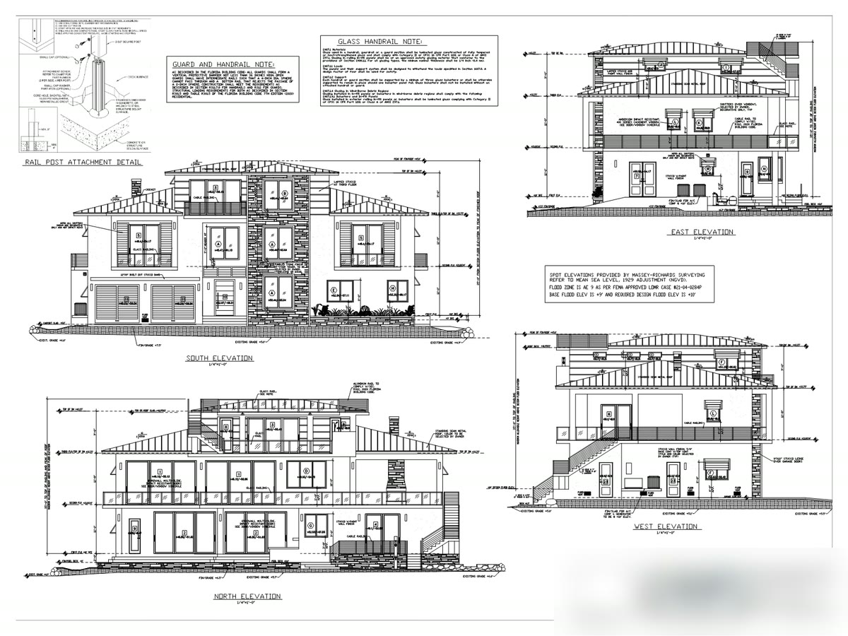 Architectural sheet A-1: the four exterior elevations with heights and finishes noted