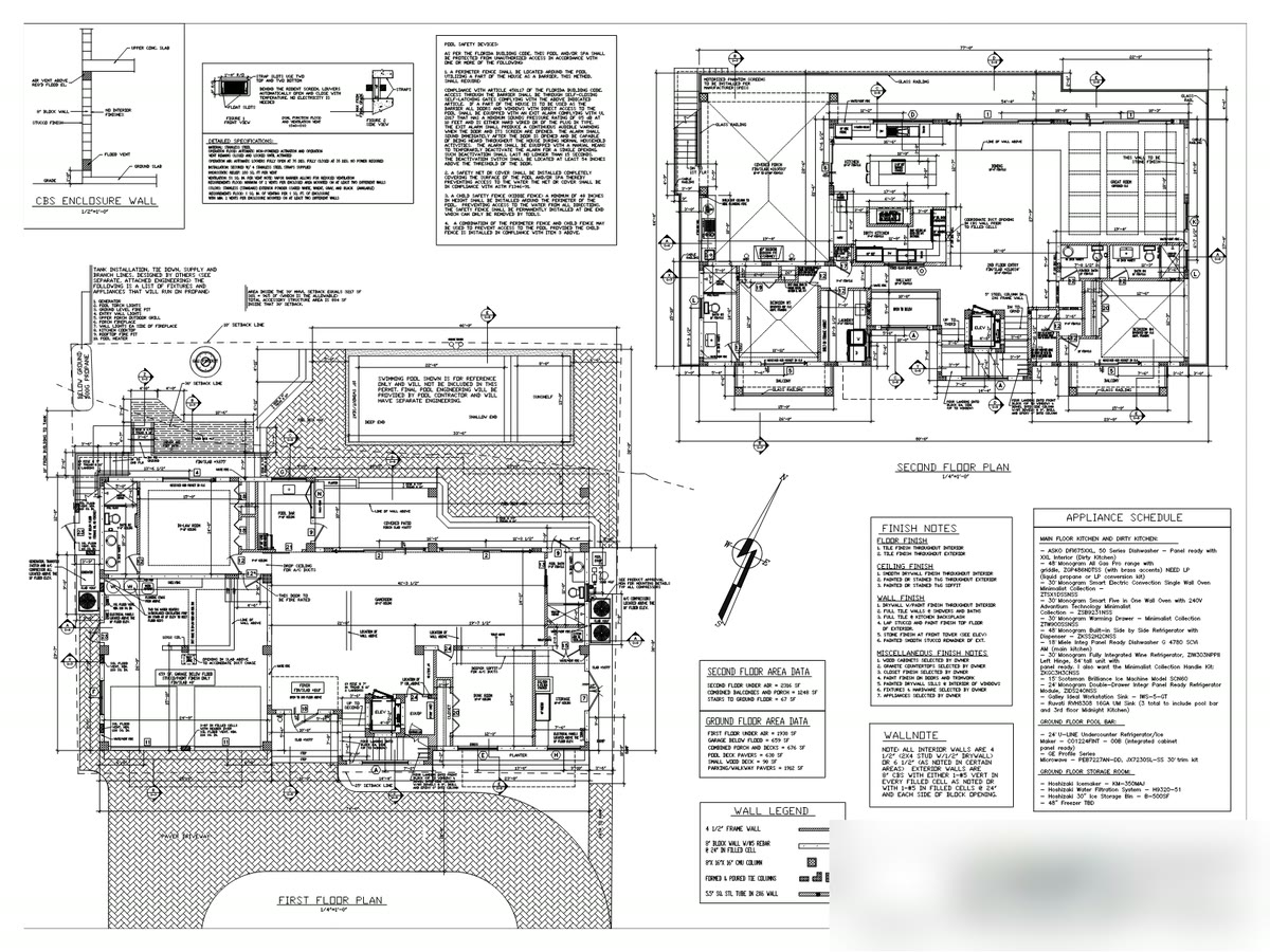 Architectural sheet A-2: first and second floor plans at quarter inch scale, with finish notes, wall legend, area data and appliance schedule