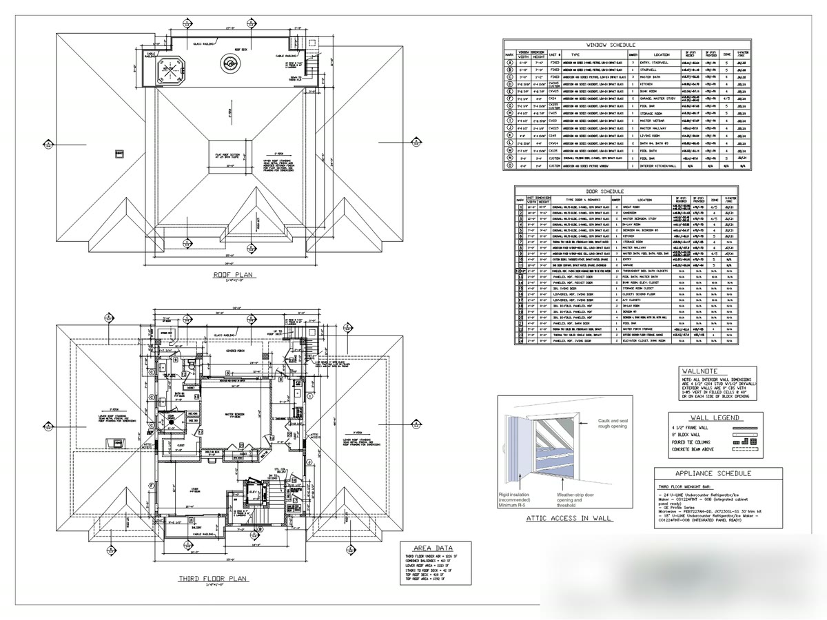 Architectural sheet A-3: upper floor plan and roof, dimensioned