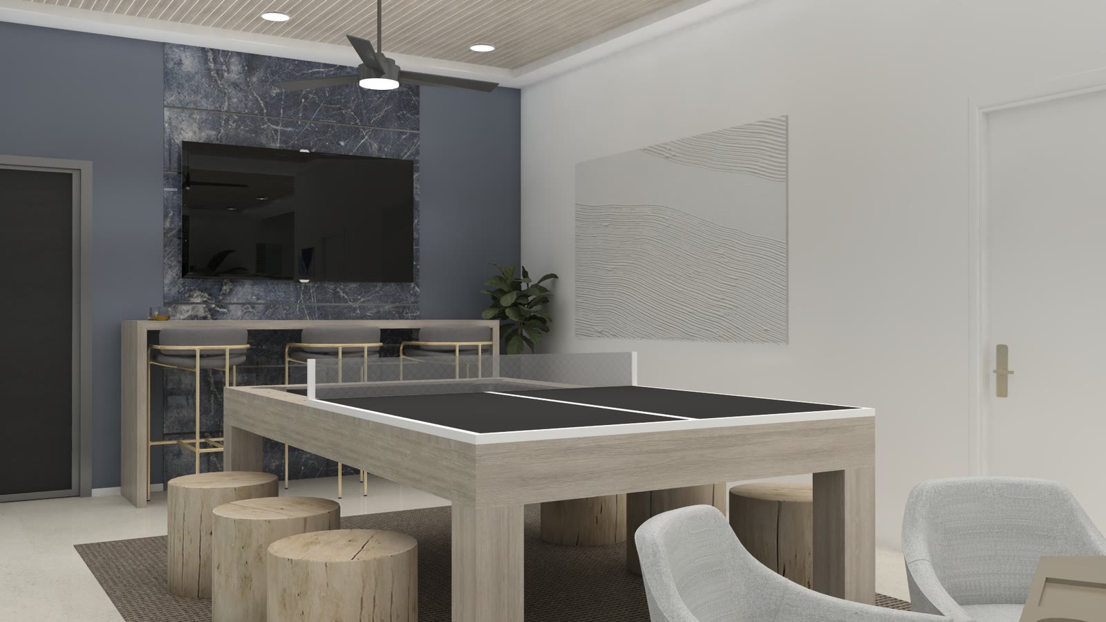 The lower level living space opening to the pool deck