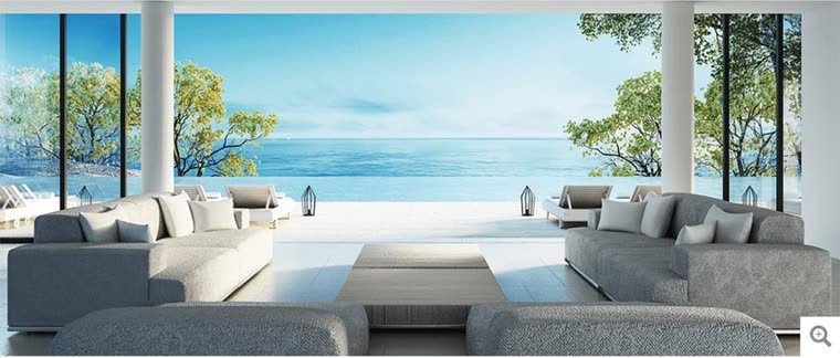 Reference screenshot: a seaside living room in pale timber and stone