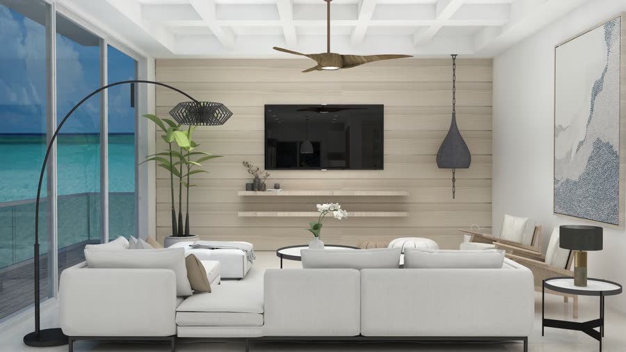 Frame 4, the great room: the delivered rendering, with a dark rattan pendant and black metalwork