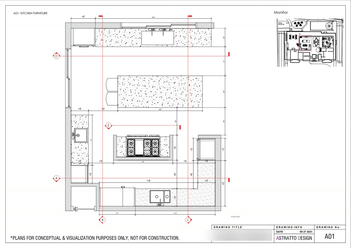 A-01 Kitchen Furniture: the kitchen set out in plan with section markers A to E and a key plan