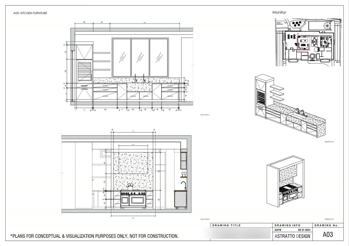 A-03 Kitchen Furniture: elevations C and D with perspectives, every drawer face dimensioned
