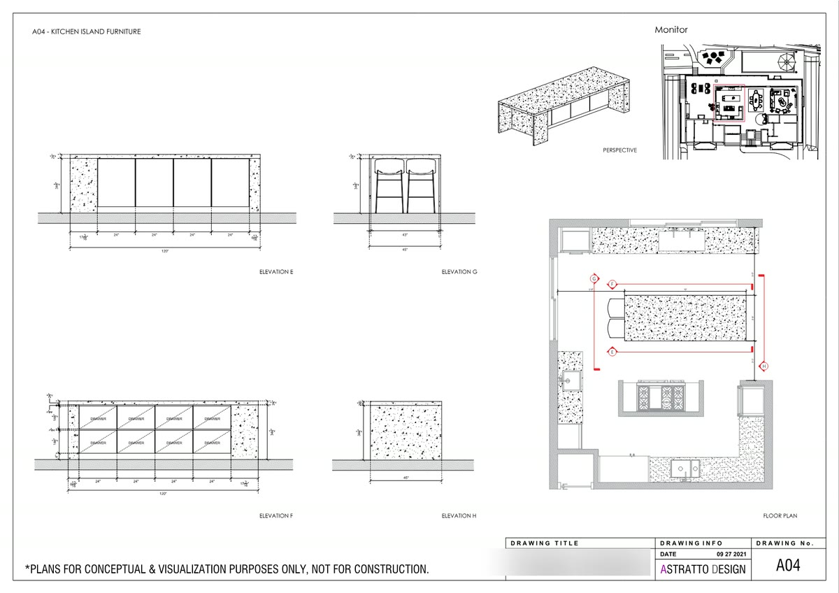 A-04 Kitchen Island Furniture: elevations E to H with the island floor plan