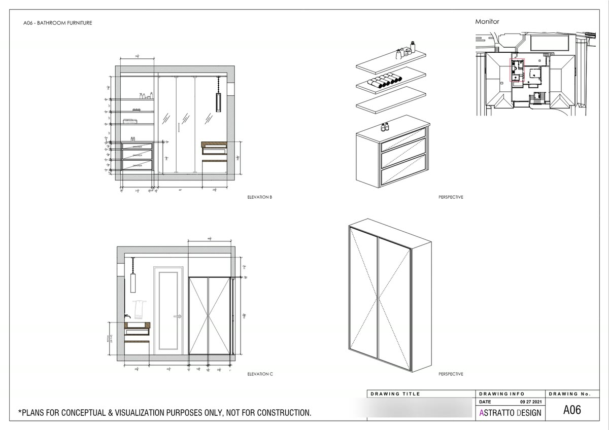 A-06 Bathroom Furniture: elevations B and C with perspectives