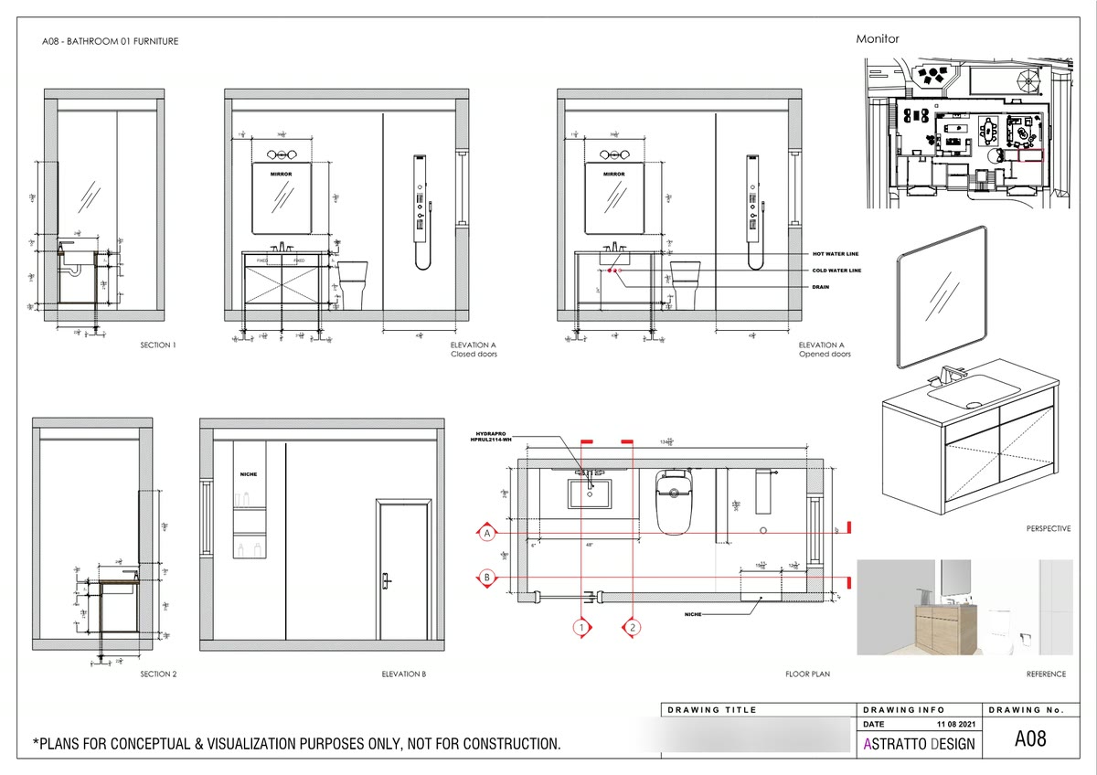 Vanity and niche elevations with fixed panels and drawer runs dimensioned
