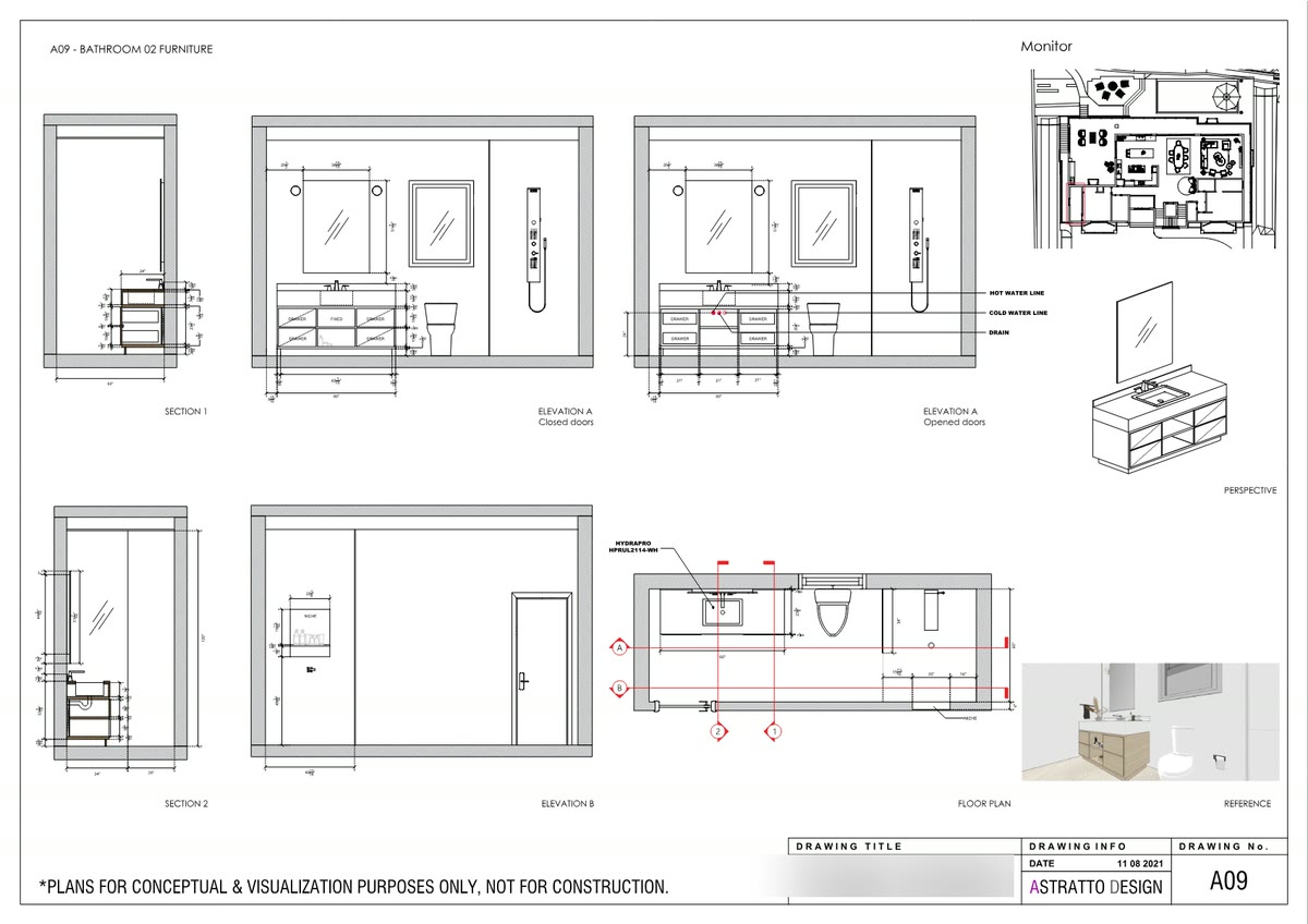Shower niche elevations, drawer stacks and fixed panels set out