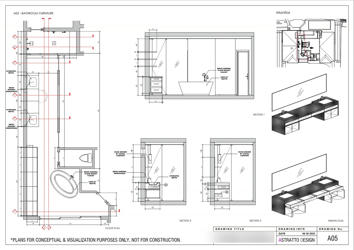 A-07 Bathroom Furniture, June 2022: mirror, drawers and LED strip in elevation