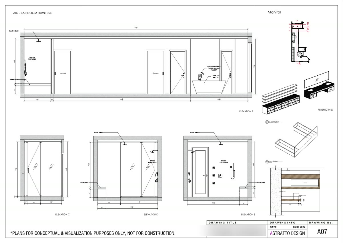 A-07 elevations B to E with benches, rain heads and Brizo fixtures called out
